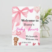 Cute Pink Bow Teddy Bear Shower Welcome Einladung (Stehend Vorderseite)