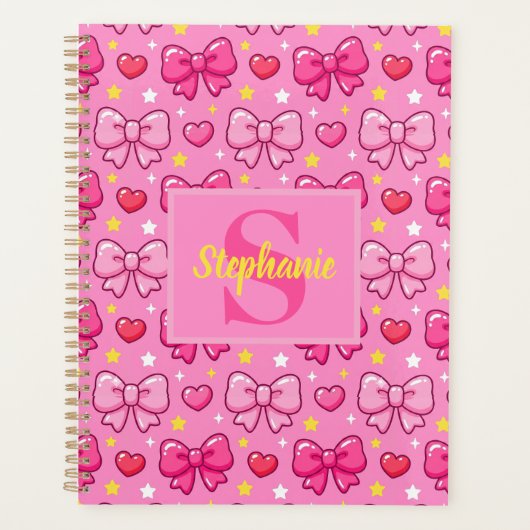 Cute Pink Bows and Hearts Personalized Monogram Planer (Vorderseite)