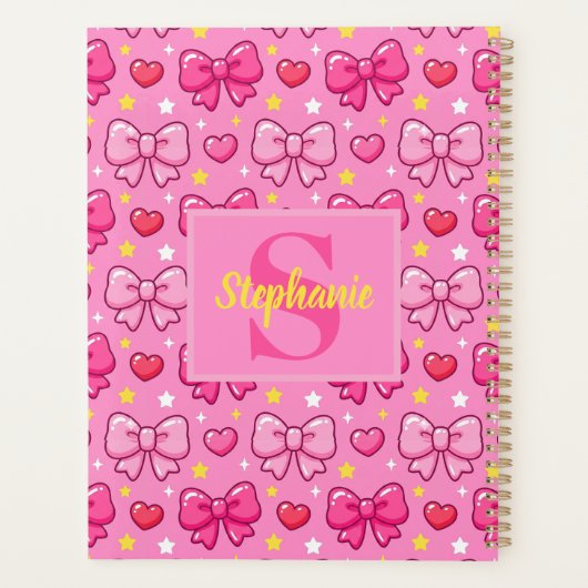 Cute Pink Bows and Hearts Personalized Monogram Planer (Rückseite)