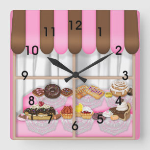 Cute Pink Brown Cupcake Sweet Bakery Quadratische Wanduhr