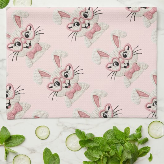Cute Pink Bunny Heart Glasses  Geschirrtuch (Gefaltet)