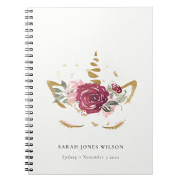 Cute Pink Burgundy Faux Gold Floral Unicorn Kids  Notizblock