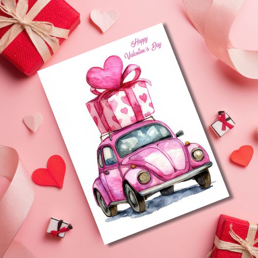 Cute Pink Car Valentine`s Day Card  Karte