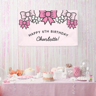 Cute Pink Cartoon Bows Birthday Party Banner