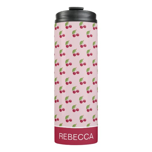 Cute Pink Cherry Pattern Personalised Thermosbecher (Vorderseite)