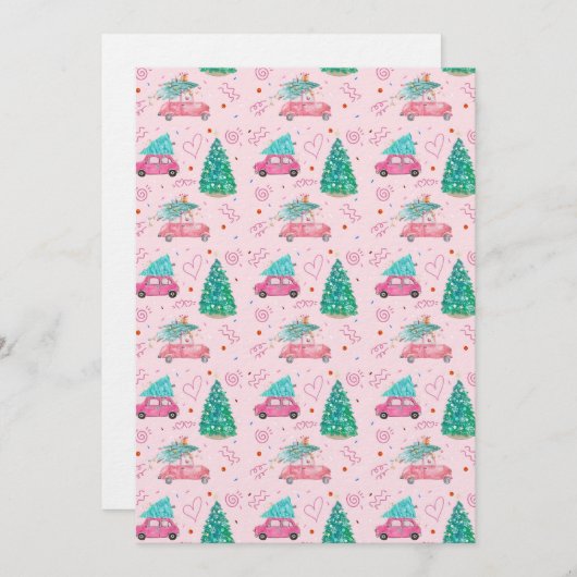 Cute Pink Christmas Car Tree Seamless Pattern Einladung (Vorne/Hinten)