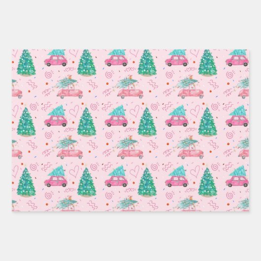 Cute Pink Christmas Car Tree Seamless Pattern Geschenkpapier Set (Vorderseite)