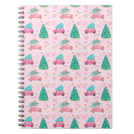 Cute Pink Christmas Car Tree Seamless Pattern Notizblock
