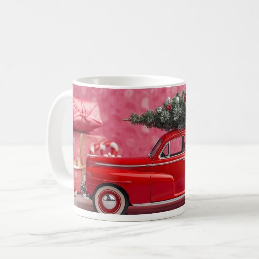 “Cute Pink Christmas Mug – Red Car & Tree Holiday  Kaffeetasse (Vorderseite Links)