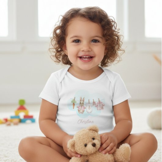 Cute Pink Clothesline Peter the Rabbit  Baby Strampler