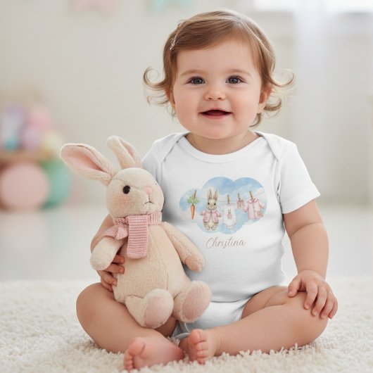Cute Pink Clothesline Peter the Rabbit  Baby Strampler