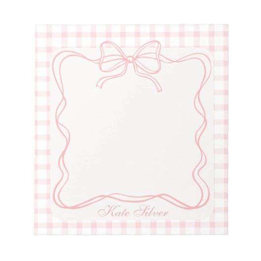 Cute Pink Coquette Bow Gingham Personalized Name Notizblock (Vorderseite)