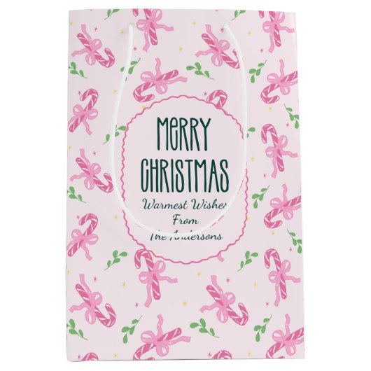 Cute Pink Coquette Christmas Candy Cane With Bow Mittlere Geschenktüte (Vorderseite)