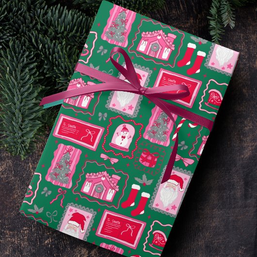 Cute Pink Coquette Frames Pattern Christmas green Geschenkpapier