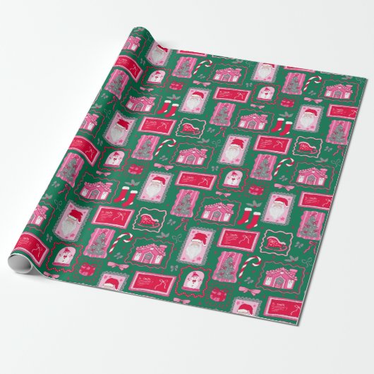 Cute Pink Coquette Frames Pattern Christmas green Geschenkpapier (Ungerollt)