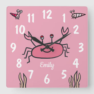 Cute Pink Crab Sea Animal Girl Name Quadratische Wanduhr
