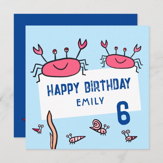 Cute Pink Crab Sea Animals Girl Happy Birthday Karte (Vorne/Hinten)