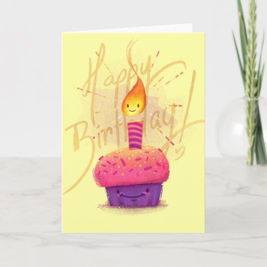 Cute Pink Cupcake & Candle Cartoon Birthday Card Karte (Vorderseite)
