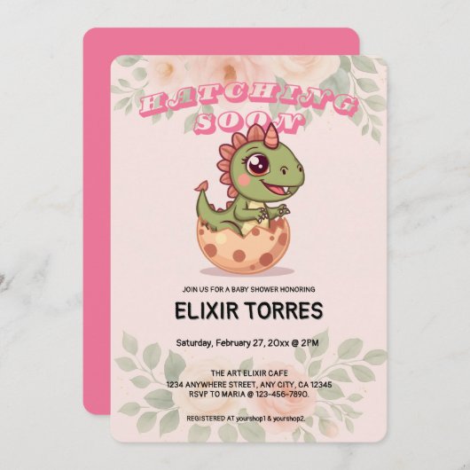 Cute Pink Dino Hatching Soon Einladung (Vorne/Hinten)