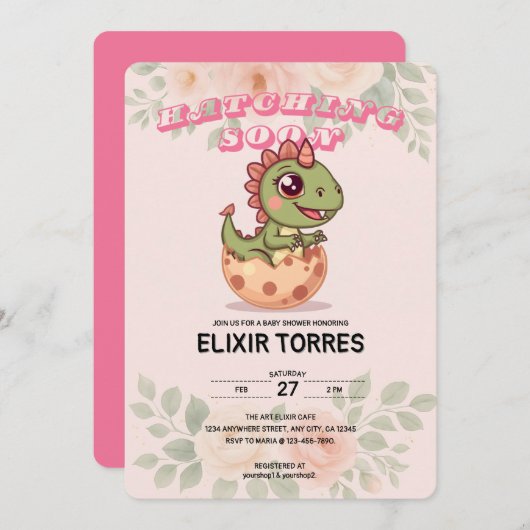 Cute Pink Dino Hatching Soon Einladung (Vorne/Hinten)