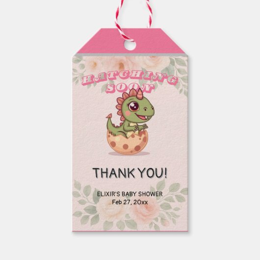 Cute Pink Dino Hatching Soon Geschenkanhänger (Vorderseite)