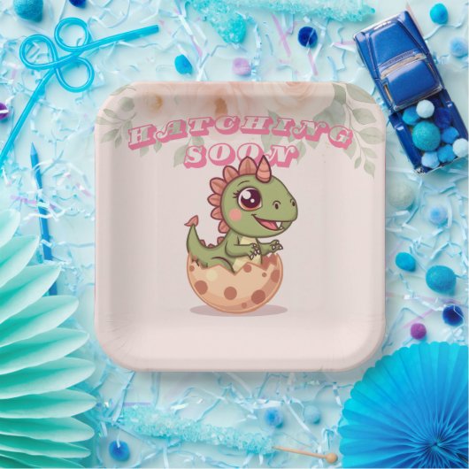 Cute Pink Dino Hatching Soon Pappteller (Party)