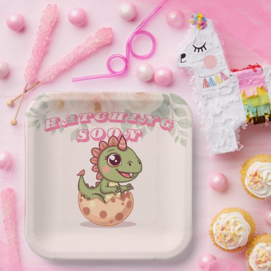 Cute Pink Dino Hatching Soon Pappteller (Party)