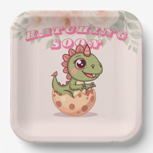 Cute Pink Dino Hatching Soon Pappteller (Vorderseite)
