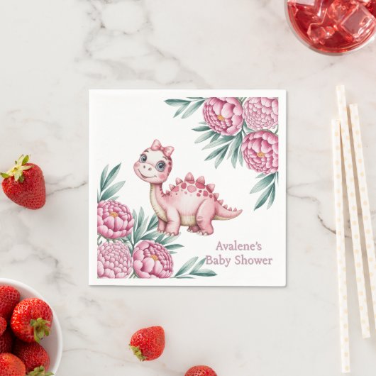 Cute Pink Dinosaur and Peony Baby Shower Serviette (Beispiel)