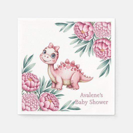 Cute Pink Dinosaur and Peony Baby Shower Serviette (Vorderseite)