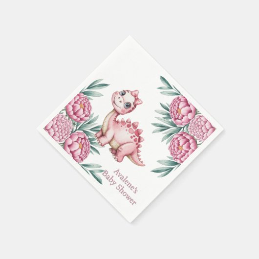 Cute Pink Dinosaur and Peony Baby Shower Serviette (Ecke)