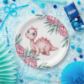 Cute Pink Dinosaur and pink Baby Shower Pappteller (Party)