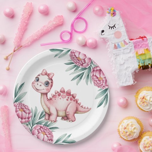 Cute Pink Dinosaur and pink Baby Shower Pappteller (Party)