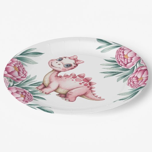 Cute Pink Dinosaur and pink Baby Shower Pappteller (Schrägansicht)