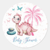 Cute Pink Dinosaur Baby Shower Runder Aufkleber (Vorderseite)