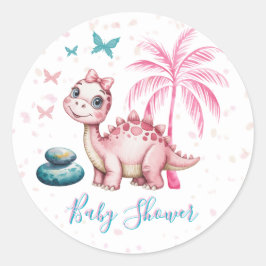 Cute Pink Dinosaur Baby Shower Runder Aufkleber