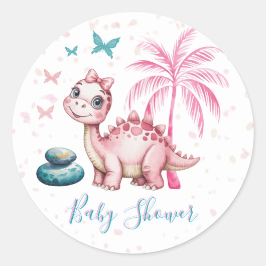 Cute Pink Dinosaur Baby Shower Runder Aufkleber (Vorderseite)