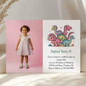 Cute Pink Dinosaur Photo Kids 3rd Birthday Party Einladung