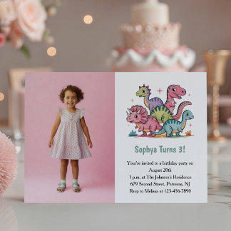 Cute Pink Dinosaur Photo Kids 3rd Birthday Party Einladung
