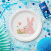 Cute Pink Easter Bunny with Spring Flowers Pappteller (Party)