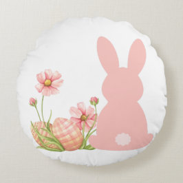 Cute Pink Easter Bunny with Spring Flowers  Rundes Kissen