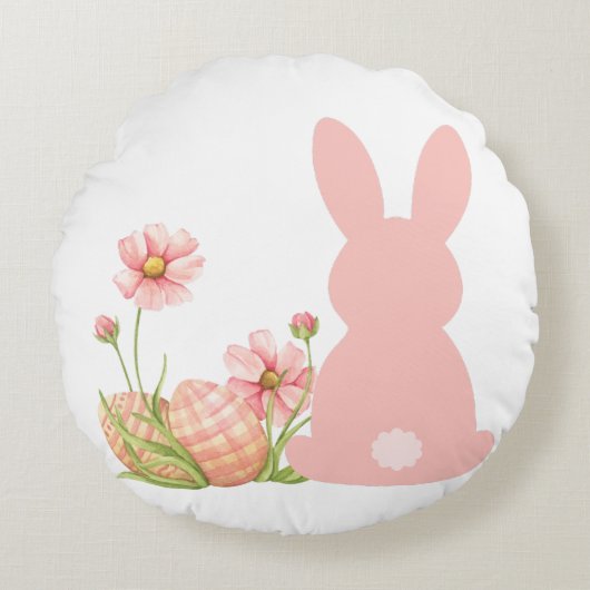 Cute Pink Easter Bunny with Spring Flowers  Rundes Kissen (Vorderseite)