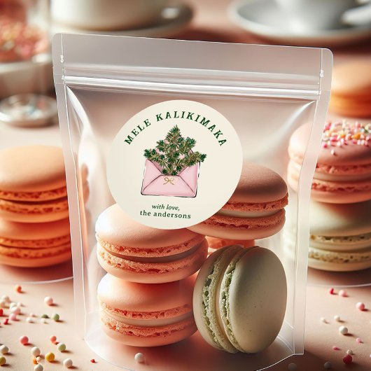 Cute Pink Envelope Holly Greenery Mele Kalikimaka  Runder Aufkleber