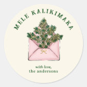 Cute Pink Envelope Holly Greenery Mele Kalikimaka  Runder Aufkleber (Vorderseite)