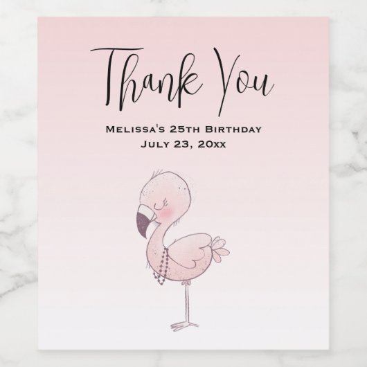 Cute Pink Flamingo Illustration Party Thank You Weinetikett (Einzelnes Label)