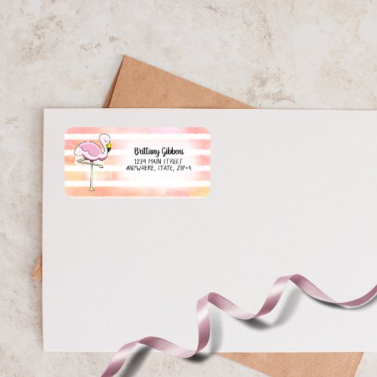 Cute Pink Flamingo Stripes Return Address Adressaufkleber