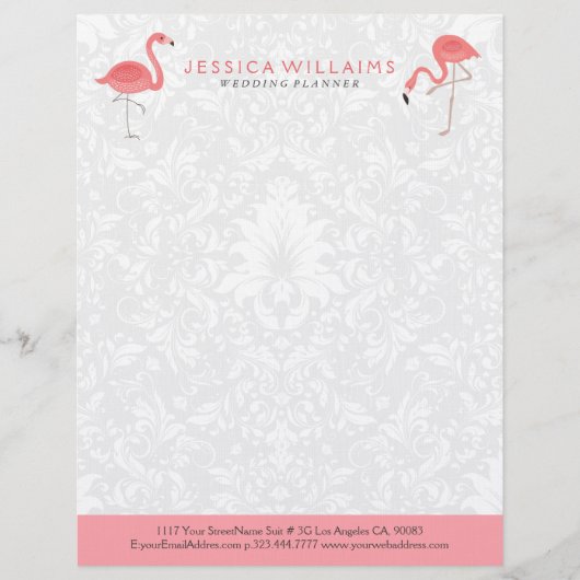 Cute pink Flamingo White Damasks Background Briefbogen (Vorderseite)