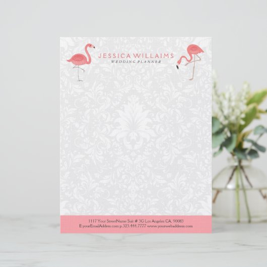 Cute pink Flamingo White Damasks Background Briefbogen (Stehend Vorderseite)