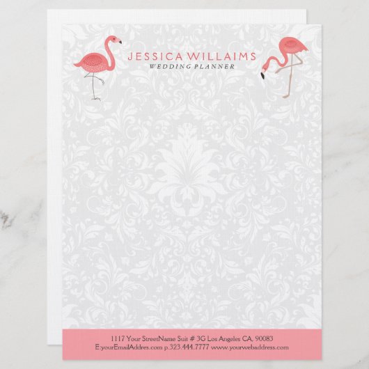 Cute pink Flamingo White Damasks Background Briefbogen (Vorne/Hinten)