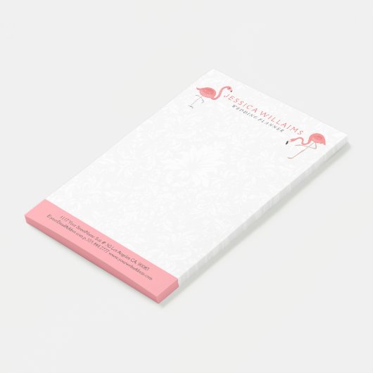 Cute pink Flamingo White Damasks Background Post-it Klebezettel (angewinkelt)